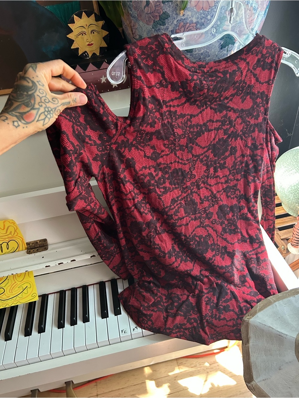 Michael Kors Red and Black Lace-Print Cold-Shoulder Long Sleeve Top - Picture 7 of 12